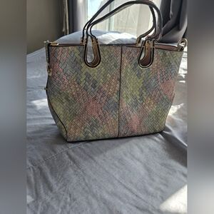 Green and Pink Snakeskin Tote Bag with Structured Design